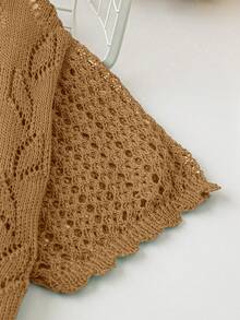 SHEIN LUNE 大码女式纯色针织镂空单排扣短袖露脐休闲轻薄开衫，春夏款 - 駝色 - 查看 4