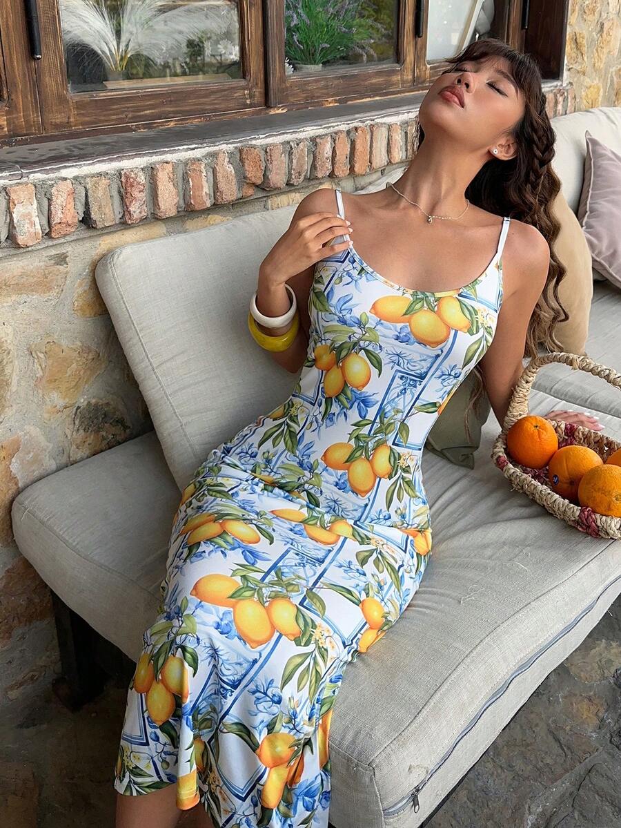 MainGRL 柠檬印花中长连衣裙，吊带修身无袖设计，完美适用于海滩度假、度假村早午餐、夏季野餐、约会之夜、农贸市场和休闲漫步，清新度假风，2026 春夏系列 - 鵝黃色 - 查看 1