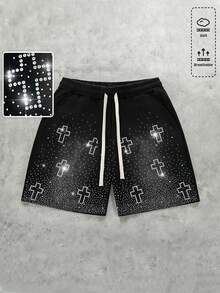 ROMWE MEN 男士抽绳腰带交叉水钻图案休闲百搭日常水洗短裤 - 黑色 - 查看 1