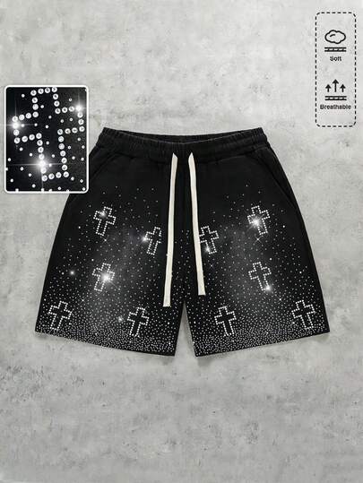 ROMWE MEN 男士抽绳腰带交叉水钻图案休闲百搭日常水洗短裤
