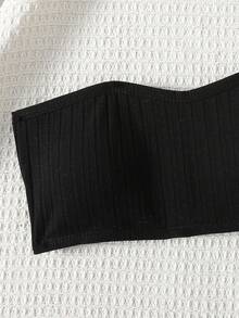 SHEIN 2件套少女简约舒适加厚柔软亲肤吊带文胸套装 - 黑色 - 查看 5