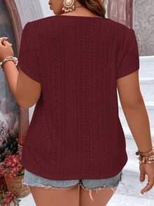 Vionelle 加大码撞色蕾丝花瓣袖T恤图案女式上衣 - 酒紅色 - 查看 2