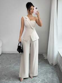 Elenzga 丝滑缎面高领荷叶边宽松A字露背无袖吊带背心，优雅法式浪漫复古风，适合办公室通勤、商务休闲、海滩度假等多种场合，简约百搭，春夏新款 - 杏色 - 查看 4