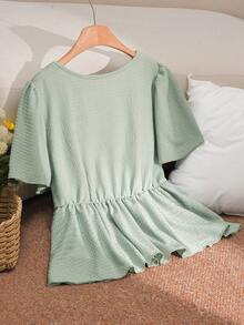 SHEIN Cosyjoi 大码女式休闲服装，大码女式束腰上衣，荷叶袖上衣，外套，春夏绿色女式T恤 - 薄荷綠 - 查看 2