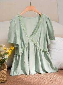 SHEIN Cosyjoi 大码女式休闲服装，大码女式束腰上衣，荷叶袖上衣，外套，春夏绿色女式T恤 - 薄荷綠 - 查看 5