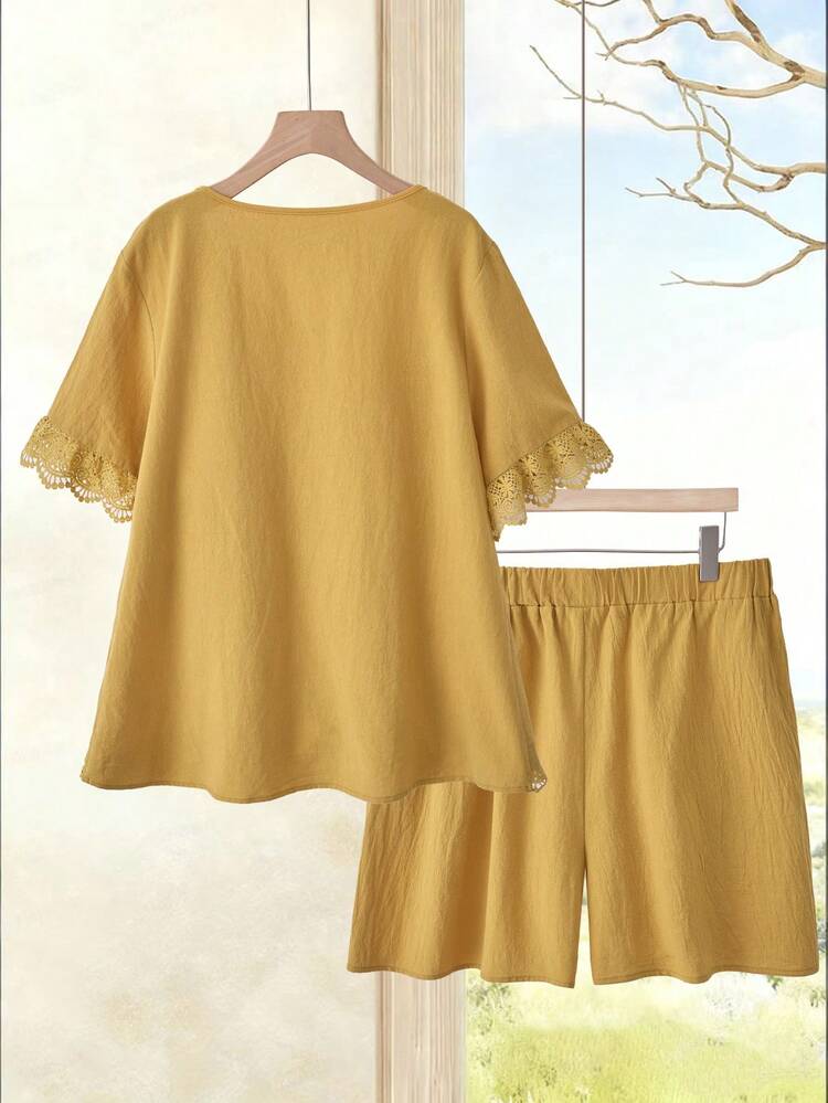 Plus Size Women Casual Loose Top + Wide Leg Shorts Patchwork Embroidery Lace Trim Suit, Vacation Leisure Set\Summer Women's Summer Set  Summer Outfits Summer Clothes  Spring  Spring Outfit Women Spring Clothes Country Style For Women Vacation Outfits Women  Yellow Set