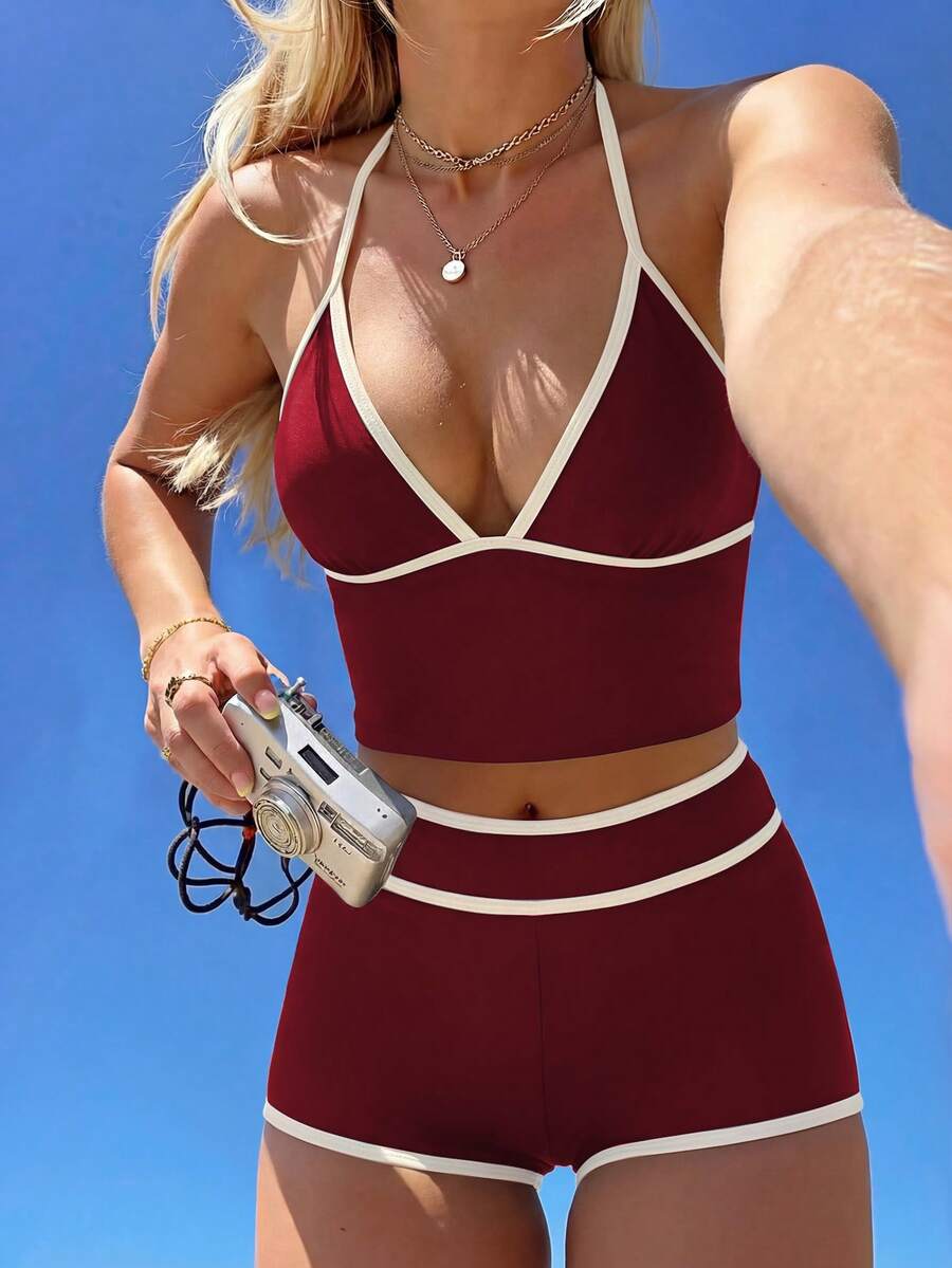 Costavie Conjunto de bikini de dos piezas con tirantes finos, taza triangular y braguitas de cintura alta en unicolor con contraste para mujer, colección primavera/verano 2026 - Burdeos - Ver 1