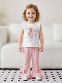 Conjunto de 2 piezas de top con volantes de tela texturizada y pantalones para niñas bebé, con estampado floral, de jacquard dulce, atuendo casual de verano - Rosa - Ver 3