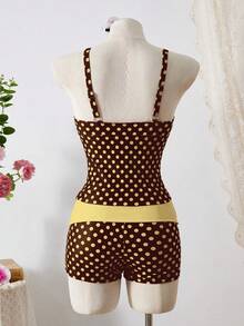 SHEIN Swim Mod 复古波点女士分体式泳衣，修身显瘦，适合水疗、度假和游泳。 - 咖啡棕 - 查看 7
