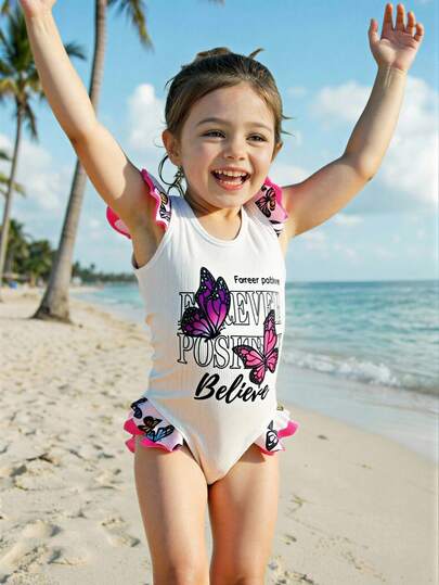 Baby Girls' One-Piece Swimsuit, Special Fabric Digital Printing, Pure White Lace Butterfly Decor Beach Vacation Swimwear