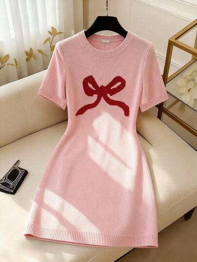 Franclia New Spring/Summer European & American Sexy Bombshell Pure Desire Round Neck Fitted Sweet Gentle Cute Bow Tie Dress, Suitable For Valentine's Day Date, Party, Romantic, Lady Elegant Casual Versatile, Fashionable High-End Design, Cute & Lively Korean Sweet Commuting Style, Sweet & Cool Mixed Style Ladies Sweater Dress