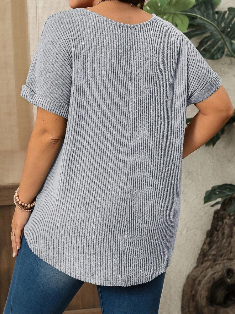Plus Size Women's Blue V-Neck Raglan Sleeve Pit Strip Brushed Loose Vacation Tops Daily Casual Spring Outfits For Women And Summer Outfits For Women Spring Break Outfits