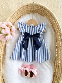 新生女宝宝可爱休闲度假蓝白条纹蝴蝶结装饰连衣裙 - 藍色 - 查看 9