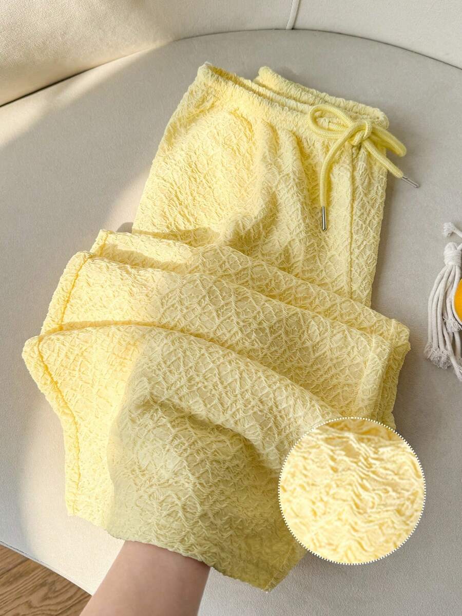 SHEIN EZwear Women's Casual Yellow Knit Wide Leg Pants, Summer - Yellow - View 1