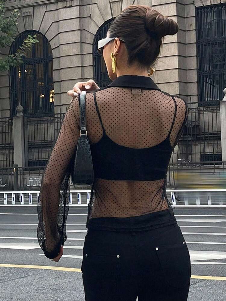 Women's Casual Sheer Mesh Chiffon Blouse, Minimalist Short Sleeve Shirt For Spring