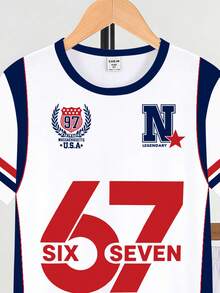 春夏男童休闲时尚创意个性清新简约时尚67徽章、五角星、红白蓝条纹撞色字母标语印花休闲基础款短袖T恤和短裤套装，舒适日常穿着，适合春夏男童。 - 彩色 - 查看 5