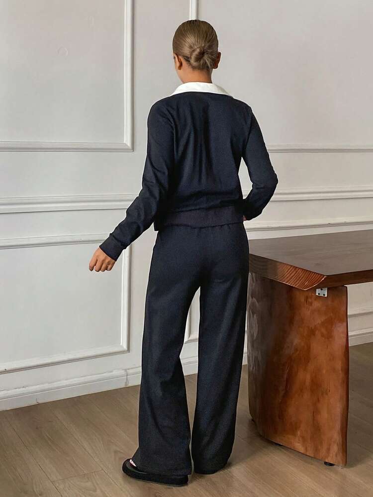 Contrast Color Design Knit Women Pajama Set