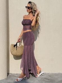 Serisse Women's Polka Dot Camisole And Fitted Skirt 2 Pieces Set, Summer - Red Violet - View 5