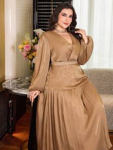 Modelyn Plus Size Women Elegant Lantern Sleeve Top & Rhinestone Embellished Skirt 2 Piece Set, Spring/Autumn - Champagne - View 5