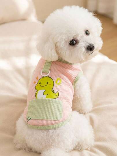 PETSIN Pink Cartoon Dinosaur Print Design Cute Vest With Pocket For Women, Casual Harness For Pet Walking, Spring/Summer