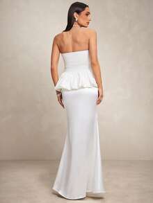 Silquee 女士优雅褶裥荷叶边抹胸上衣和鱼尾裙两件套，适合派对和宴会场合 - 白色 - 查看 2