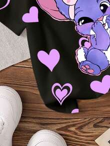 女婴休闲舒适圆领短袖T恤，饰有可爱的卡通蓝色兔子图案和爱心印花，适合春夏穿着，轻薄透气，时尚休闲，适合户外活动、上学、聚会等场合，也是一份贴心的礼物。 - 彩色 - 查看 5