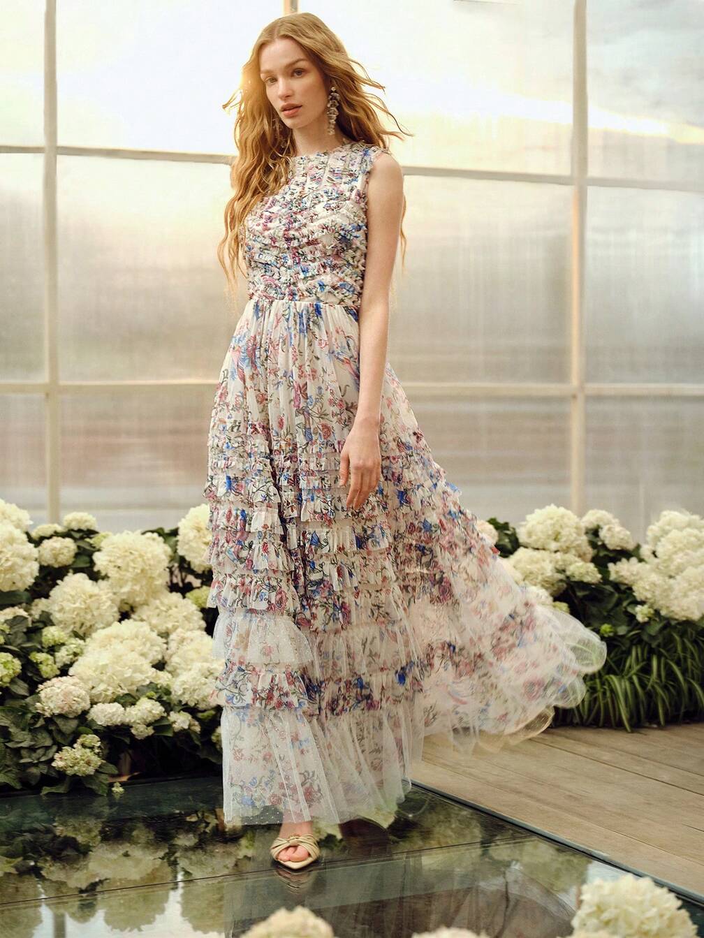 flared technical mesh dress Women's Round Neck Mesh Printed Waist Flared Romantic Long Dress, Spring/Summer