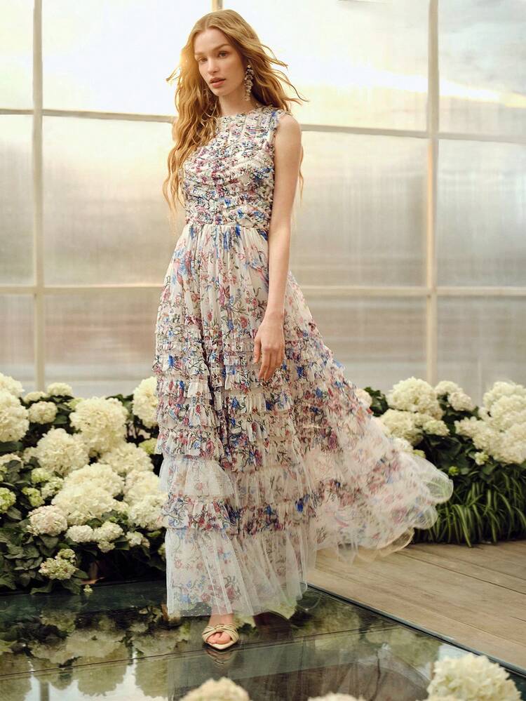 WOMEN'S ROUND NECK MESH PRINTED WAIST FLARED ROMANTIC LONG DRESS, SPRING/SUMMER
