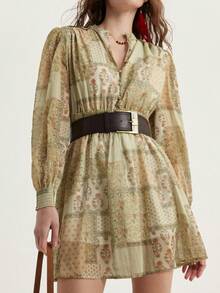 Aveloria Modichic Đầm dài tay nữ kiểu Bohemian lãng mạn màu vàng xanh họa tiết paisley và hoa điều ngẫu nhiên, chất liệu chiffon, cài khuy nửa thân, thích hợp cho kỳ nghỉ, phong cách thường ngày và đa năng. - Nhiều màu - Xem 1
