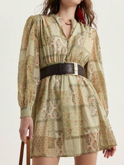 Aveloria Modichic Romantic Bohemian Style Yellow-Green Paisley & Cashew Flower Random Print Chiffon Half-Placket Casual Vacation Versatile Women Long Sleeve Dress