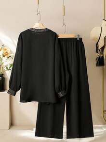 Modelyn Women's Elegant Beaded Patchwork Comfortable Plus Size 2 Pieces Set - Black - View 2