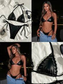 Swim SXY 两件套特殊面料挂脖比基尼上衣和系带泳裤性感时尚泳装套装 - 黑色 - 查看 2