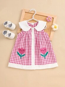 SHEIN Playful Pals 女婴夏季梭织连衣裙，可爱花卉刺绣无袖格子连衣裙，玫瑰红和白色，适合休闲、户外、派对穿着 - 玫紅色 - 查看 3