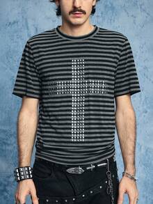 ROMWE MEN Street Life Camiseta de manga corta ajustada con rayas y remaches para hombres - Blanco y Negro - Ver 4