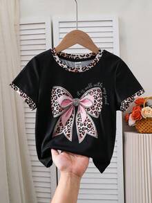 SHEIN 女童圆领短袖蝴蝶结印花豹纹图案休闲百搭T恤，夏季 - 彩色 - 查看 1