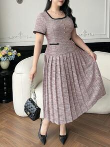 Dazy Plus Plus Size Elegant Faux Pearl Trim Short Sleeve Dress, Summer Sun Dresses For Women - Pink - View 6