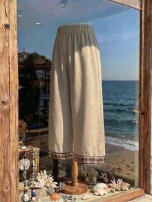 Rusticease Plus Size Geometric Pattern Casual Wide Leg Pants\Summer\Vacation Summer Outfits Summer Clothes  Spring  Spring Outfit Women Spring Clothes Country Style For Women Seaside Retro Mannequin Window Display - Khaki - View 4