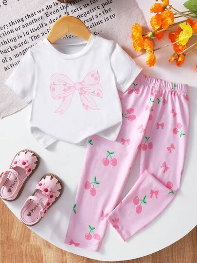 Genkimix Kids 女婴可爱蝴蝶结印花白色圆领短袖上衣搭配舒适豹纹休闲裤，T恤套装，春夏款