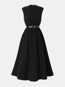 SHEIN Firerie Kids 女童纯色圆领休闲连衣裙 - 黑色 - 查看 3