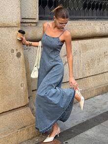 Siren Gaze Đầm denim nữ không tay, thắt eo, kiểu dáng thường ngày, thích hợp cho mùa hè. - Rửa nhẹ - Xem 5
