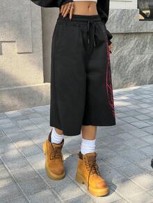 Muchica Women's Casual Black Letter Print Shorts, Summer - Black - View 6