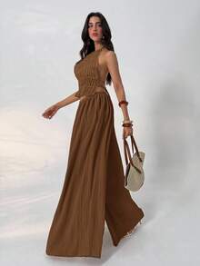 Aloruh Summer Loose Textured Casual Pants - Brown - View 5