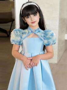 SHEIN 年轻女孩修身优雅镂空腰部A字连衣裙，配立领 - 藍色 - 查看 4