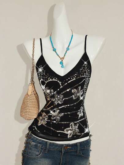 SHEIN ICON Y2K Floral Beaded Embroidery Asymmetrical Hem Women's Blue Beaded Embroidered Camisole Tank Top, Fitted Sexy Summer Outerwear