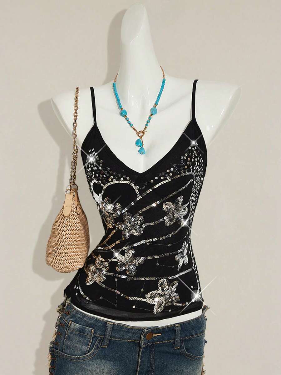 SHEIN ICON Áo hai dây nữ màu xanh dương thêu hạt cườm họa tiết hoa Y2K, vạt áo bất đối xứng, kiểu dáng ôm sát, gợi cảm, thích hợp mặc ngoài vào mùa hè. - màu đen - Xem 1