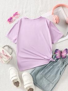 Sparklyn Girls' Summer Solid Color Short Sleeve Casual T-Shirt With Bow Decor, Round Neck  T Shirts For Nine Year Old Girls Tween Girl Clothes T Shirt Girl Purple Top Kids Girls Purple Tops Teen Girl Breathable Short Sleeve Shirt Tshirt For Girl - Mauve Purple - View 2