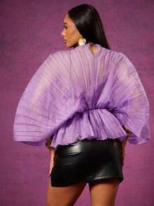 Vixey 薄纱高领长袖荷叶边下摆褶裥纹理欧根纱上衣 - 紫色 - 查看 4