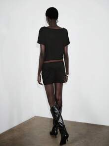 Lumivelle Women's Mini Dress, Batwing Sleeve Off-Shoulder Metallic Velvet Belt, Minimalist Chic Versatile Everyday Commute Dress, Spring/Summer - Black - View 2