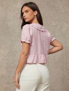 WESTFADE Peter Pan Collar Tie Front Ruffle Peplum Striped Top - Pink - View 2