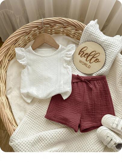 Babygirl Summer Cute White Top And Elastic Waist Shorts Set